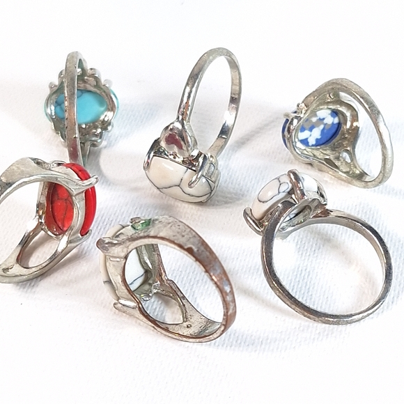 Lot of 6 Silver Tone Polished Natural Stone Rings - Picture 6 of 8